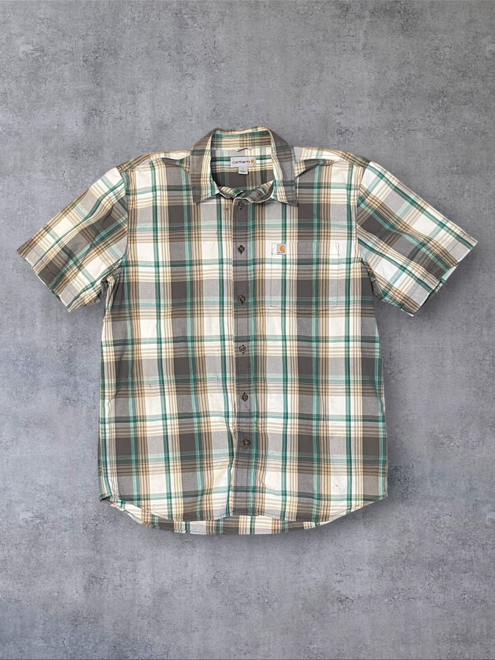 Vintage 2000s y2k Carhartt Teal Gray Beige Plaid Short Sleeve Button Up Sz L